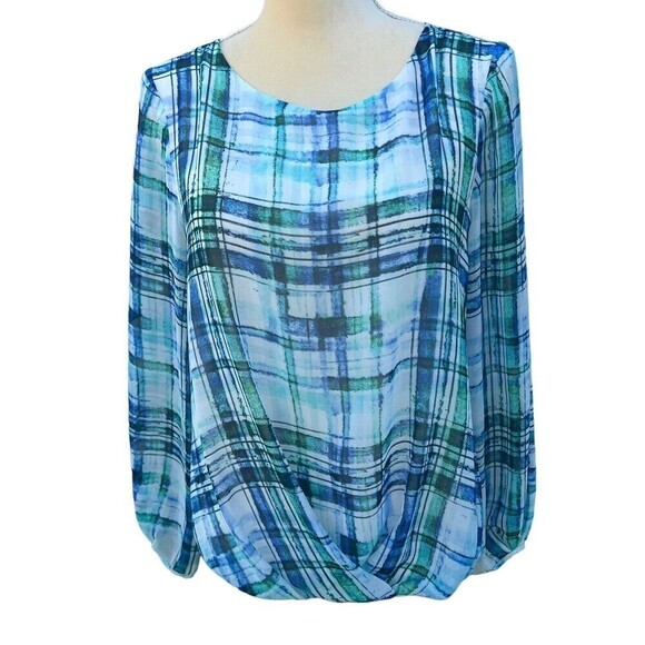 VINCE CAMUTO Blouse‎ Shirt S Woman Multicolor Plaid Twist Hi-Low Hem Long Sleeve - Picture 1 of 16